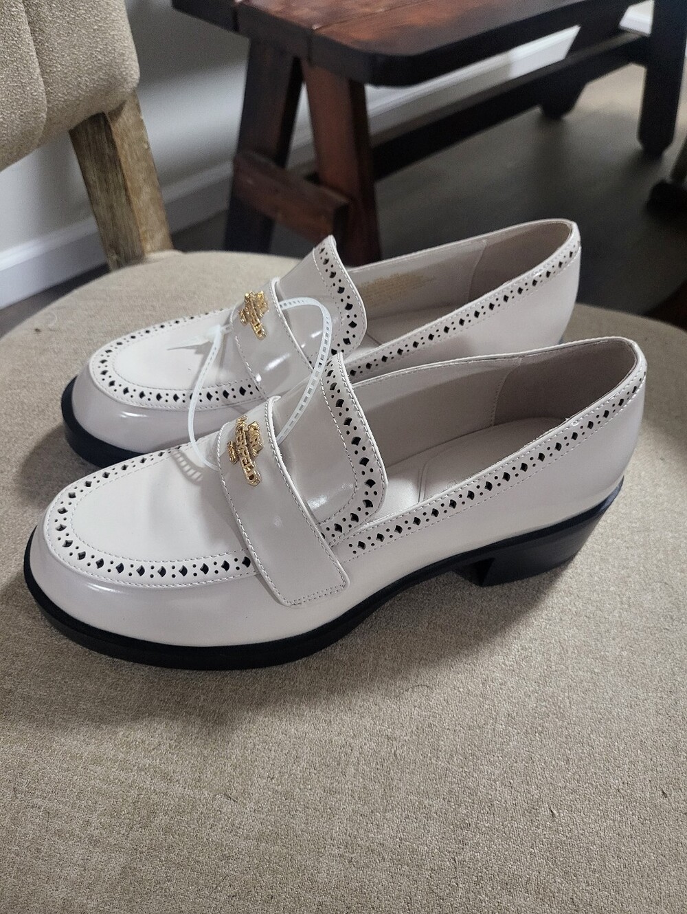 New KARL LAGERFELD PARIS Cenella Patent Perforated Block Heel Loafers, Size 8.5